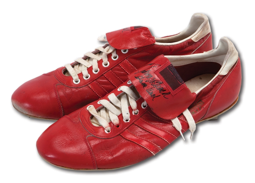CIRCA 1970S JOHNNY BENCH DUAL SIGNED & INSCRIBED PAIR OF GAME WORN ADIDAS M.V.P. CLEATS (BENCH LOA)