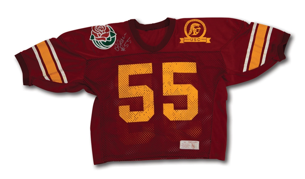 1988 JUNIOR SEAU AUTOGRAPHED USC TROJANS GAME WORN HOME JERSEY PHOTO MATCHED TO JANUARY 2, 1989 ROSE BOWL VS. MICHIGAN