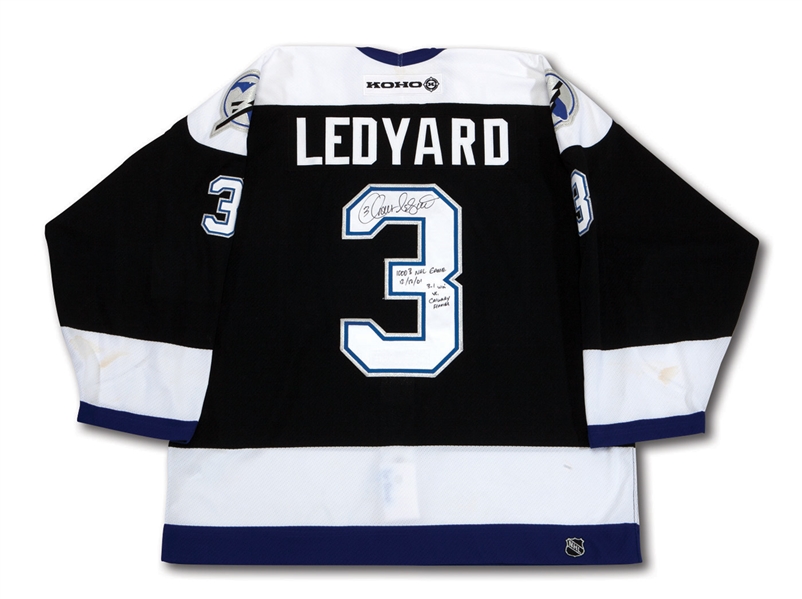 12/12/2001 GRANT LEDYARD SIGNED & INSCRIBED "1000TH NHL GAME" TAMPA BAY LIGHTNING GAME WORN ROAD JERSEY (NSM COLLECTION)
