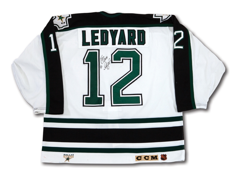 MID 1990S GRANT LEDYARD AUTOGRAPHED DALLAS STARS GAME WORN HOME JERSEY (NSM COLLECTION)