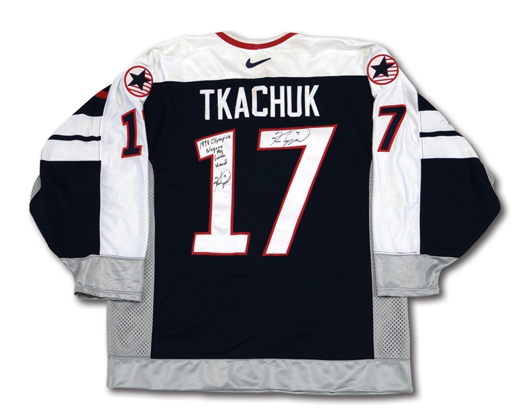 1998 KEITH TKACHUK SIGNED & INSCRIBED TEAM USA NAGANO WINTER OLYMPICS GAME WORN JERSEY (NSM COLLECTION)
