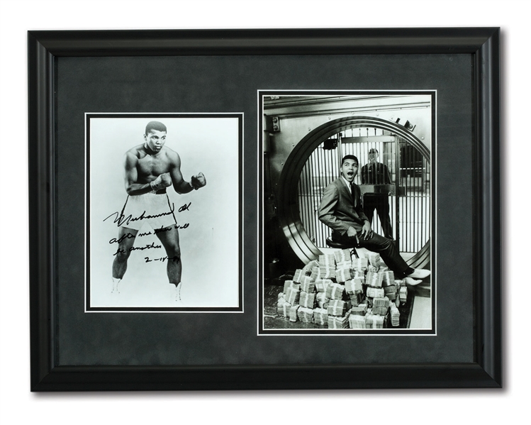 MUHAMMAD ALI SIGNED & INSCRIBED "AFTER ME THERE WILL BE ANOTHER 2-18-89" DOUBLE PHOTOGRAPH FRAMED DISPLAY