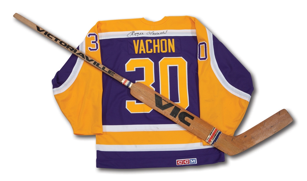 ROGIE VACHON SIGNED 1984-85 LOS ANGELES KINGS TEAM ISSUED ROAD JERSEY AND SIGNED 1970S VICTORIAVILLE GAME ISSUED GOALIE STICK (NSM COLLECTION)