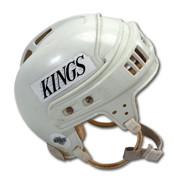 1987-88 MARK HARDY LOS ANGELES KINGS GAME WORN HOME HELMET AND GAME USED CANADIEN STICK (NSM COLLECTION)