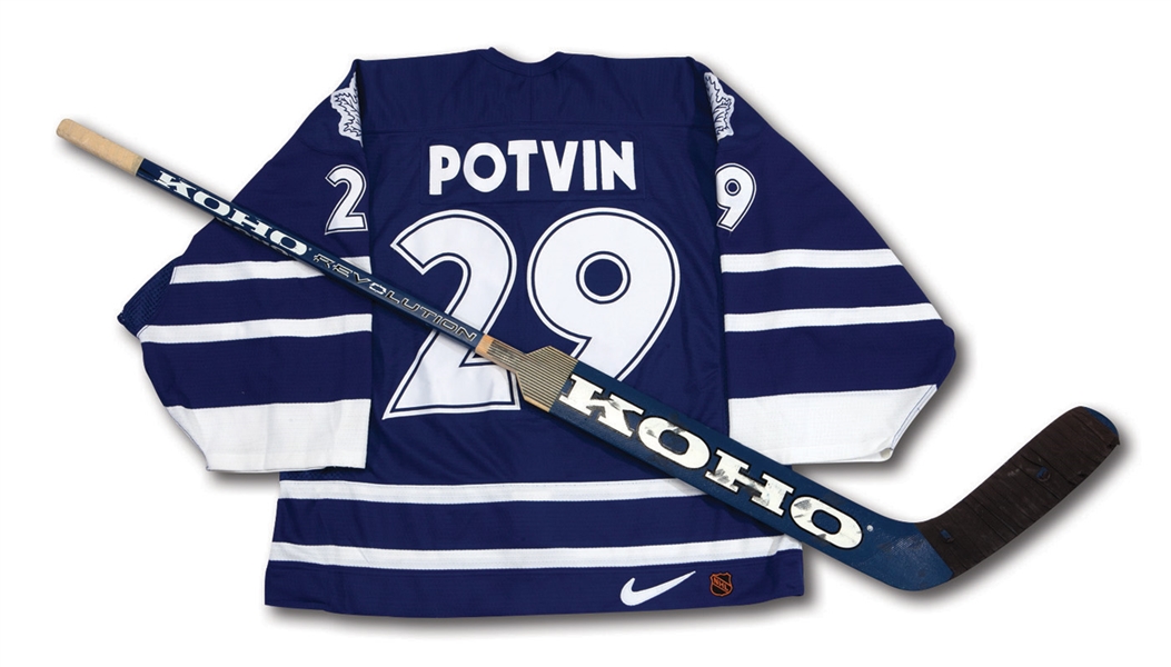 1997-98 FELIX POTVIN TORONTO MAPLE LEAFS GAME WORN ROAD JERSEY AND 1996-97 GAME USED KOHO GOALIE STICK (NSM COLLECTION)
