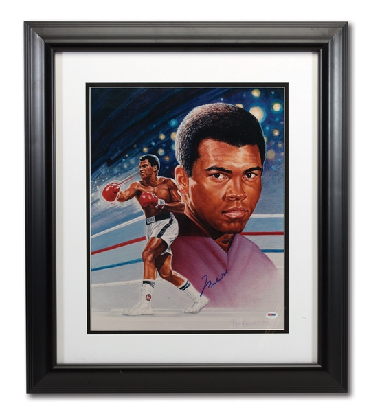 MUHAMMAD ALI SIGNED 16X20 FRAMED LITHOGRAPH FEATURING RON LEWIS ARTWORK (PSA/DNA AUTO. GRADE 10)