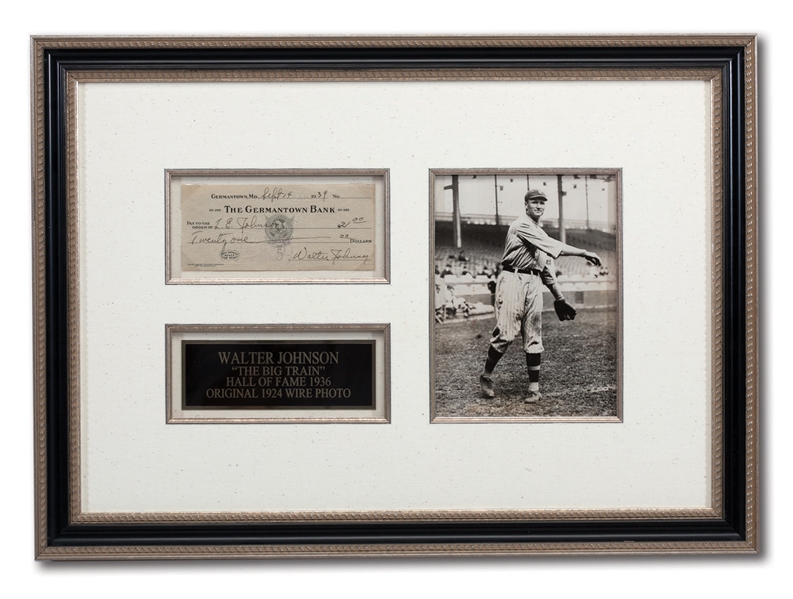 WALTER JOHNSON SIGNED SEPTEMBER 14, 1939 PERSONAL CHECK FRAMED WITH 1924 ORIGINAL TYPE 1 WIRE PHOTO