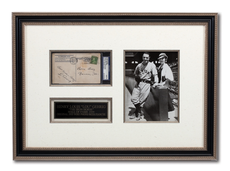 LOU GEHRIG SIGNED 1937 POSTCARD SENT FROM SPRING TRAINING IN ST. PETERSBURG, FLORIDA. (PSA/DNA MINT 9) FRAMED WITH TYPE 1 PHOTO