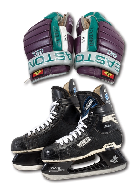 MID-LATE 1990S PAUL KARIYA ANAHEIM MIGHY DUCKS GAME WORN PAIRS OF BAUER SKATES AND EASTON GLOVES (NSM COLLECTION)