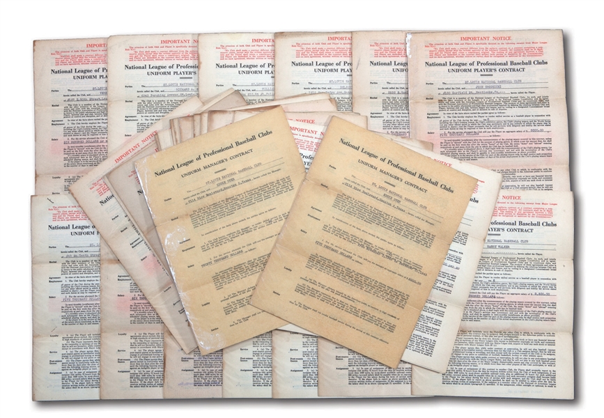 1946 ST. LOUIS CARDINALS GROUP OF (30) UNIFORM PLAYERS & COACHS CONTRACTS - EACH SIGNED BY FORD C. FRICK AND SAM BREADON