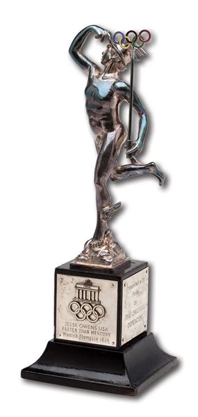 JESSE OWENS 1936 BERLIN SUMMER OLYMPIC GAMES FASTER THAN MERCURY TROPHY PRESENTED BY THE CHICAGO DEFENDER