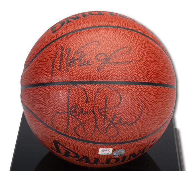 MAGIC JOHNSON AND LARRY BIRD DUAL SIGNED SPALDING OFFICIAL NBA BASKETBALL IN CUSTOM DISPLAY CASE