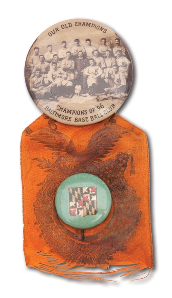 1896 BALTIMORE ORIOLES WORLD CHAMPION CELLULOID TEAM PHOTO PIN WITH ORIGINAL RIBBON HANGER