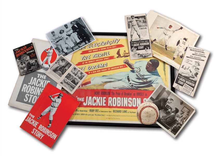 "THE JACKIE ROBINSON STORY" MEMORABILIA COLLECTION INC. BALL SIGNED BY ROBINSON & CAST, BROADSIDE HALF SHEET ADVERTISING POSTER, AND MUCH MORE