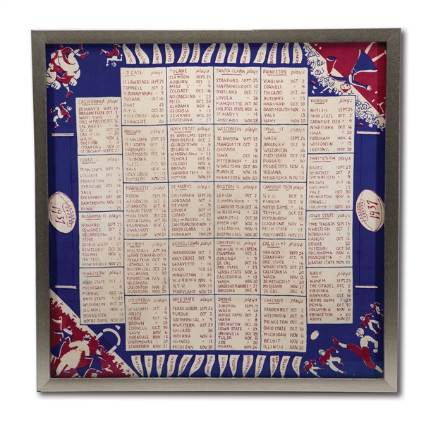 FRAMED SCARF FEATURING THE 1937 COLLEGE FOOTBALL SCHEDULES FOR 28 MAJOR PROGRAMS
