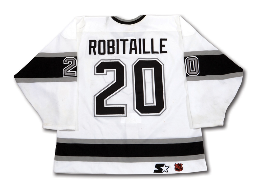 1997-98 LUC ROBITAILLE AUTOGRAPHED LOS ANGELES KINGS GAME WORN HOME JERSEY (KINGS LOA, NSM COLLECTION)