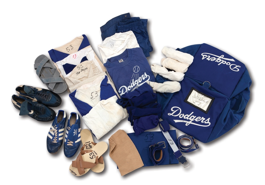 DON DRYSDALES LATE 1960S LOS ANGELES DODGERS GAME USED EQUIPMENT BAG FULL OF TWO DOZEN ITEMS WORN AS PLAYER & COACH (DRYSDALE COLLECTION)