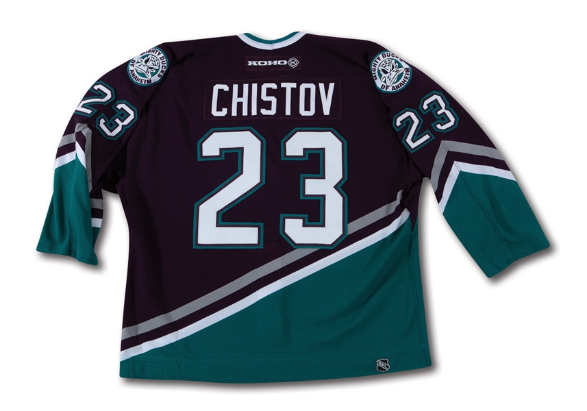 2002-03 STANISLAV CHISTOV ANAHEIM MIGHTY DUCKS GAME WORN ROOKIE SEASON ROAD JERSEY WITH STANLEY CUP PATCH (MEIGRAY, NSM COLLECTION)