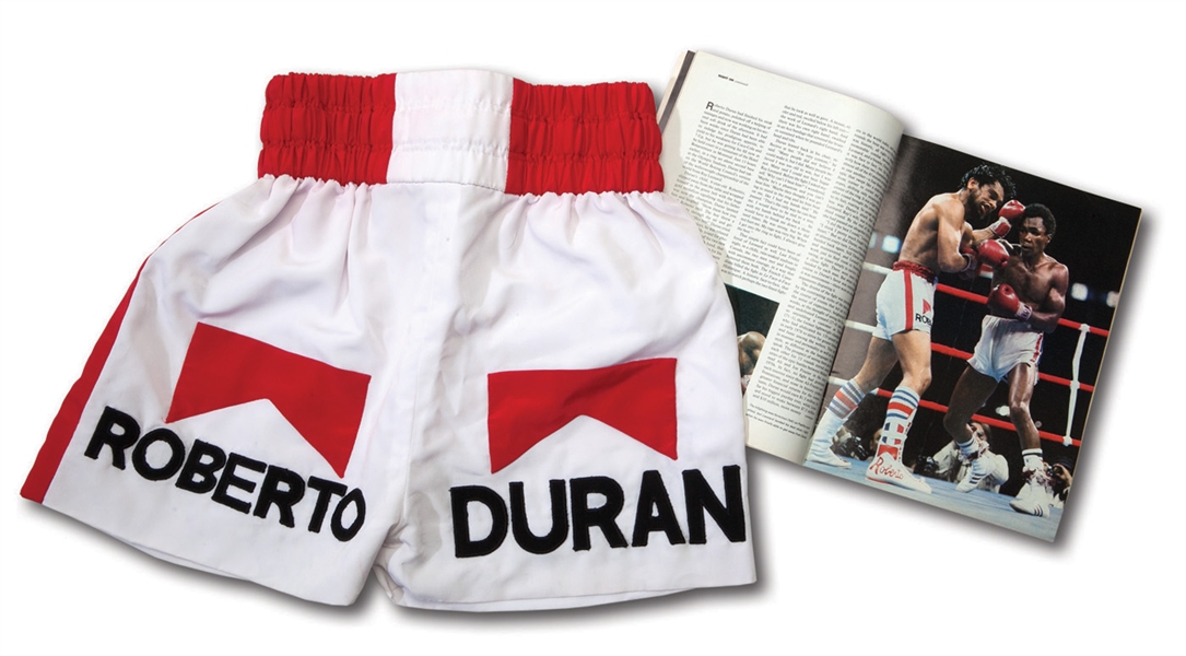 JUNE 20, 1980 ROBERTO DURAN FIGHT WORN TRUNKS FROM SUGAR RAY LEONARD I - DURAN WINS WBC WELTERWEIGHT TITLE! (DURANS WIFE LOA)