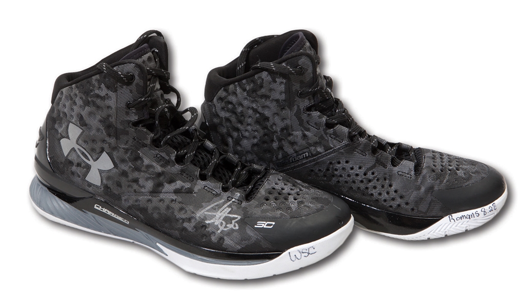 2014-15 STEPHEN CURRY DUAL SIGNED & INSCRIBED UNDER ARMOUR CURRY ONE MI-30 GAME WORN SHOES FROM MVP & CHAMPIONSHIP SEASON (CURRY LOA, FANATICS COA)