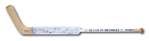 1989-90 EDMONTON OILERS STANLEY CUP CHAMPION TEAM SIGNED GRANT FUHR GAME USED SHER-WOOD GOALIE STICK (NSM COLLECTION)