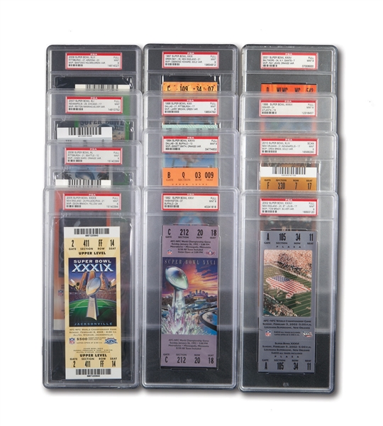 1992, 1994, 1996, 1997, 1999, 2001, 2002, 2005, 2006, 2007, 2009 & 2010 SUPER BOWL FULL TICKET LOT OF (12) IN VARIOUS COLORS - ALL PSA MINT 9
