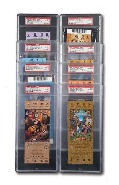 1994, 1998, 2000, 2001, 2003, 2004, 2008 & 2009 SUPER BOWL FULL TICKET LOT OF (8) IN VARIOUS COLORS - ALL PSA NM-MT 8