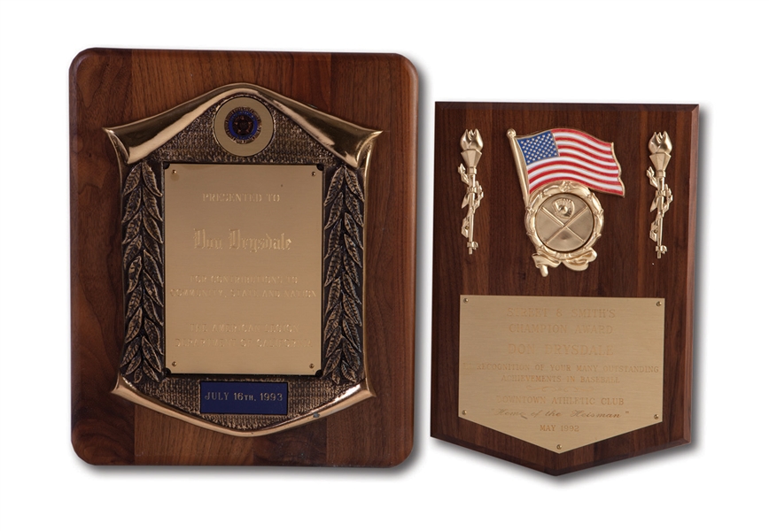 DON DRYSDALES 1992 STREET & SMITHS CHAMPION AWARD FROM DOWNTOWN ATHLETIC CLUB AND 1993 AMERICAN LEGION SERVICE AWARD (DRYSDALE COLLECTION)