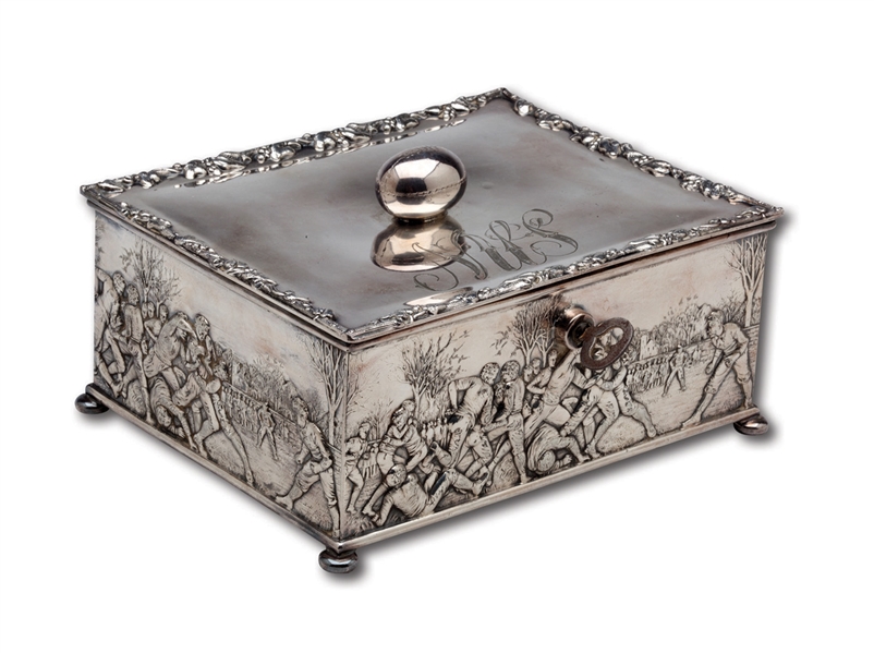EXQUISITE 1880S SILVER PLATED FOOTBALL HUMIDOR BY REED & BARTON