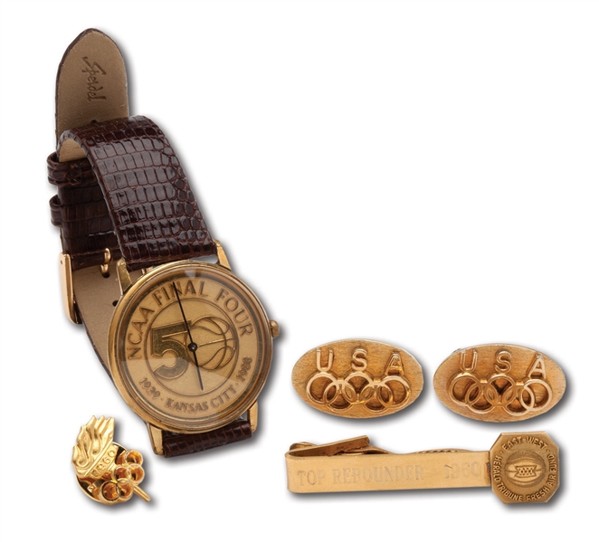 DARRALL IMHOFFS NCAA 50TH ANNIVERSARY WATCH WITH PRESENTATION CASE, 1960 OLYMPICS PARTICIPANT PIN & CUFF LINKS, AND 1960 TOP REBOUNDER TIE TACK (IMHOFF LOA)