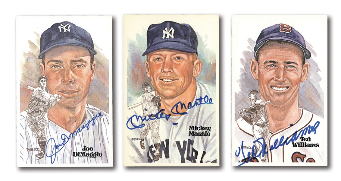 MICKEY MANTLE, JOE DIMAGGIO AND TED WILLIAMS SINGLE SIGNED TRIO OF PEREZ-STEELE HALL OF FAME POSTCARDS
