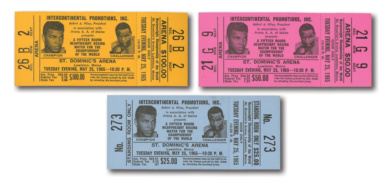 MAY 25, 1965 WORLD HEAVYWEIGHT CHAMPIONSHIP (ALI VS. LISTON II) TRIO OF FULL TICKETS IN DIFFERENT COLOR VARIATIONS