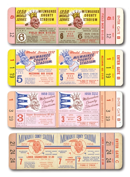 1957 & 1958 WORLD SERIES (MILWAUKEE BRAVES - NY YANKEES) FULL UNUSED TICKETS PLUS 1956 & 1959 WORLD SERIES (BRAVES) PHANTOM TICKETS