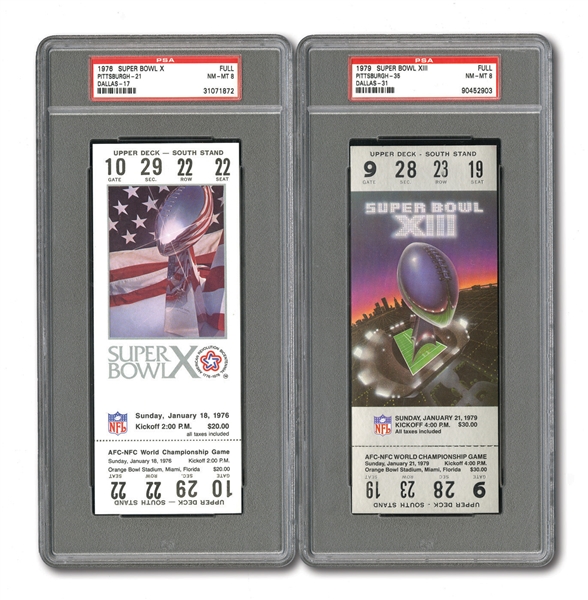 1976 SUPER BOWL X (PITTSBURGH 21 - DALLAS 17) AND 1979 SUPER BOWL XIII (PIT 35 - DAL 31) FULL TICKETS - BOTH PSA NM-MT 8
