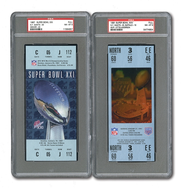 1987 SUPER BOWL XXI (NY GIANTS 39 - DENVER 20) AND 1991 SUPER BOWL XXV (NYG 20 - BUF 19) FULL TICKETS - BOTH PSA NM-MT 8
