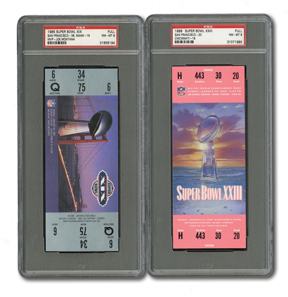SAN FRANCISCO 49ERS LOT OF 1985, 1989 (CORAL), 1990 (PURPLE) & 1995 (TAN) SUPER BOWL FULL TICKETS - ALL PSA NM-MT 8