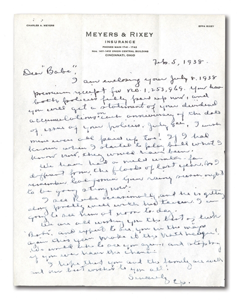 1938 EPPA RIXEY HANDWRITTEN LETTER TO "BABE" WITH BASEBALL CONTENT