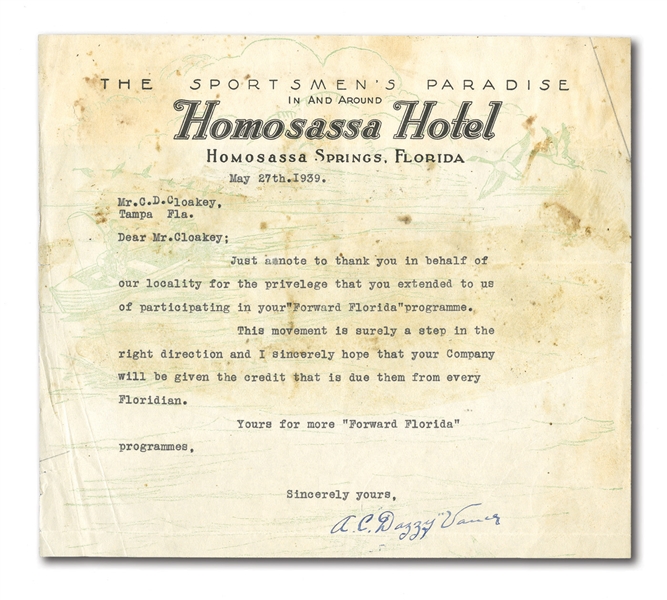 1939 DAZZY VANCE SIGNED LETTER ON HOTEL LETTERHEAD