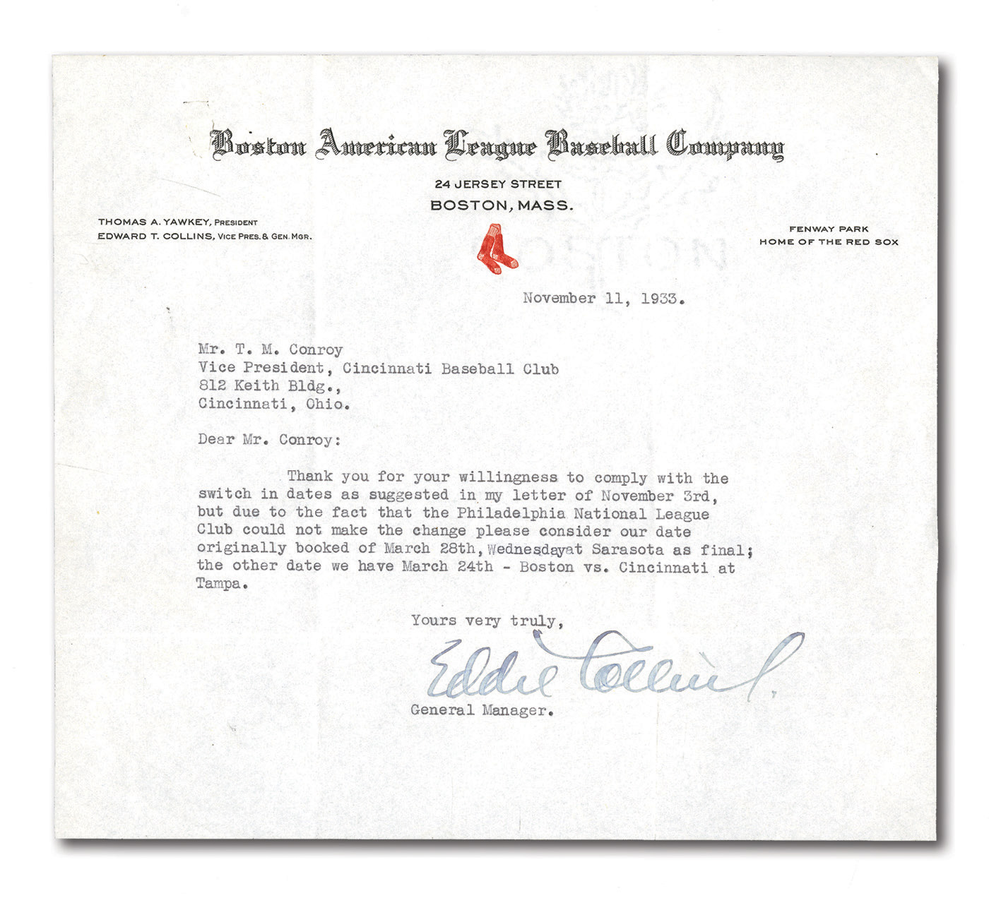 Lot Detail - 1933 EDDIE COLLINS SIGNED LETTER ON BOSTON RED SOX LETTERHEAD