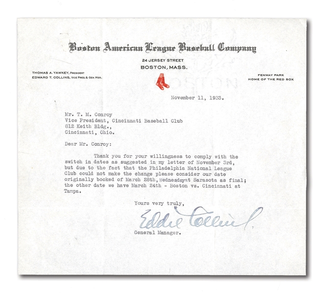 1933 EDDIE COLLINS SIGNED LETTER ON BOSTON RED SOX LETTERHEAD