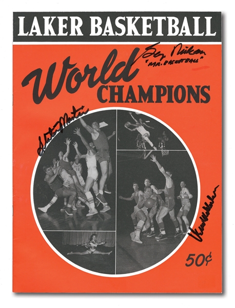 1949-50 MINNEAPOLIS LAKERS WORLD CHAMPIONS TEAM YEARBOOK SIGNED BY GEORGE MIKAN, VERN MIKKELSEN & SLATER MARTIN