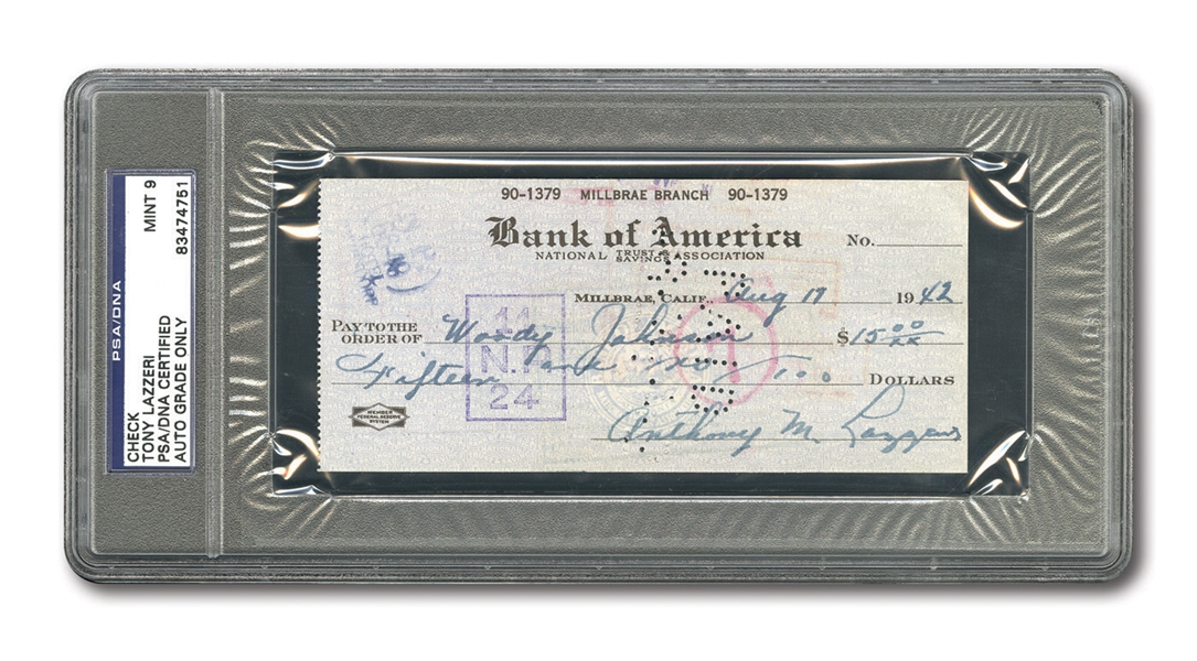 AUGUST 17, 1942 TONY LAZZERI SIGNED PERSONAL CHECK MINT PSA/DNA 9
