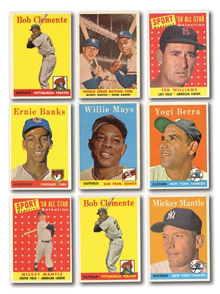 1958 TOPPS BASEBALL LOT OF 74 - LOADED WITH HALL OF FAMERS, STARS, AND YANKEES