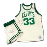 1986-87 LARRY BIRD BOSTON CELTICS GAME WORN (INCL. PLAYOFFS) & DUAL-SIGNED HOME UNIFORM - DOCUMENTED PROVENANCE FROM BIRDS CAR DEALERSHIP (MEARS A10)