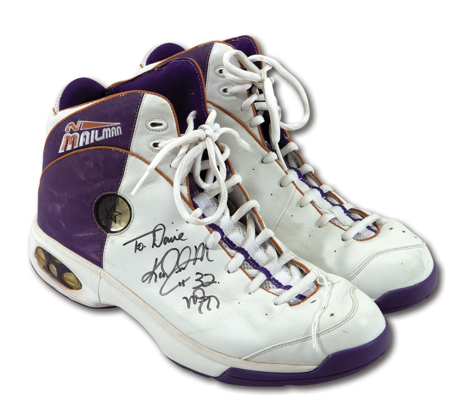 Lot Detail - 2001-03 KARL MALONE DUAL-SIGNED & INSCRIBED PAIR OF GAME WORN  CONVERSE SIGNATURE MODEL SHOES (BALL BOA COA)