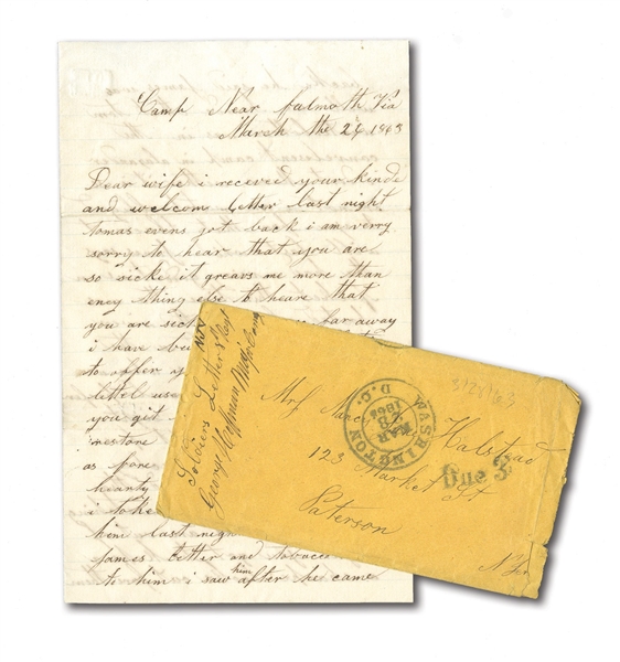 MARCH 26, 1863 CIVIL WAR 4-PAGE HANDWRITTEN LETTER BY UNION SOLDIER ABOUT DESERTERS FROM BATTLE OF FREDERICKSBURG FORCED TO WEAR HEAVY BARRELS