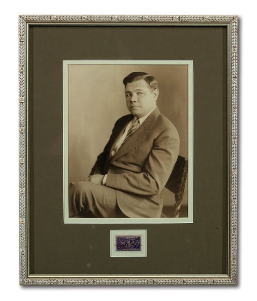 BABE RUTH SIGNED 1939 CENTENNIAL OF BASEBALL POSTAGE STAMP IN FRAMED DISPLAY (RUTH FAMILY LOA)