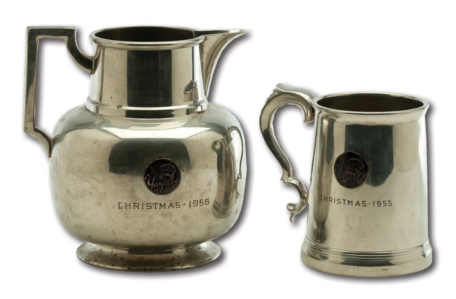 1955 NEW YORK YANKEES PEWTER CHRISTMAS TANKARD AND 1956 PEWTER CHRISTMAS PITCHER (DELBERT MICKEL COLLECTION)