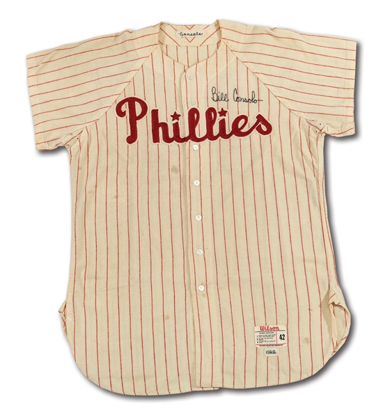 1962 BILLY CONSOLO AUTOGRAPHED PHILADELPHIA PHILLIES GAME WORN HOME JERSEY (DELBERT MICKEL COLLECTION)