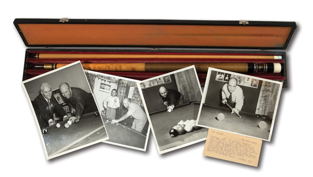 WALTER ALSTONS CUSTOM CRAFTED POOL CUE IN CARRYING CASE WITH ACCOMPANYING BILLIARDS PHOTOGRAPHS (ALSTON COLLECTION)